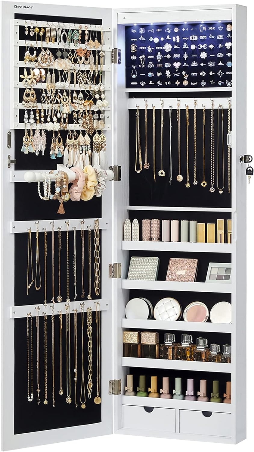 Wall-Mounted Hanging Jewelry Cabinet with LED Interior Lights