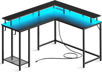 Desk L Shaped Gaming Desk with LED Lights & Power Outlets