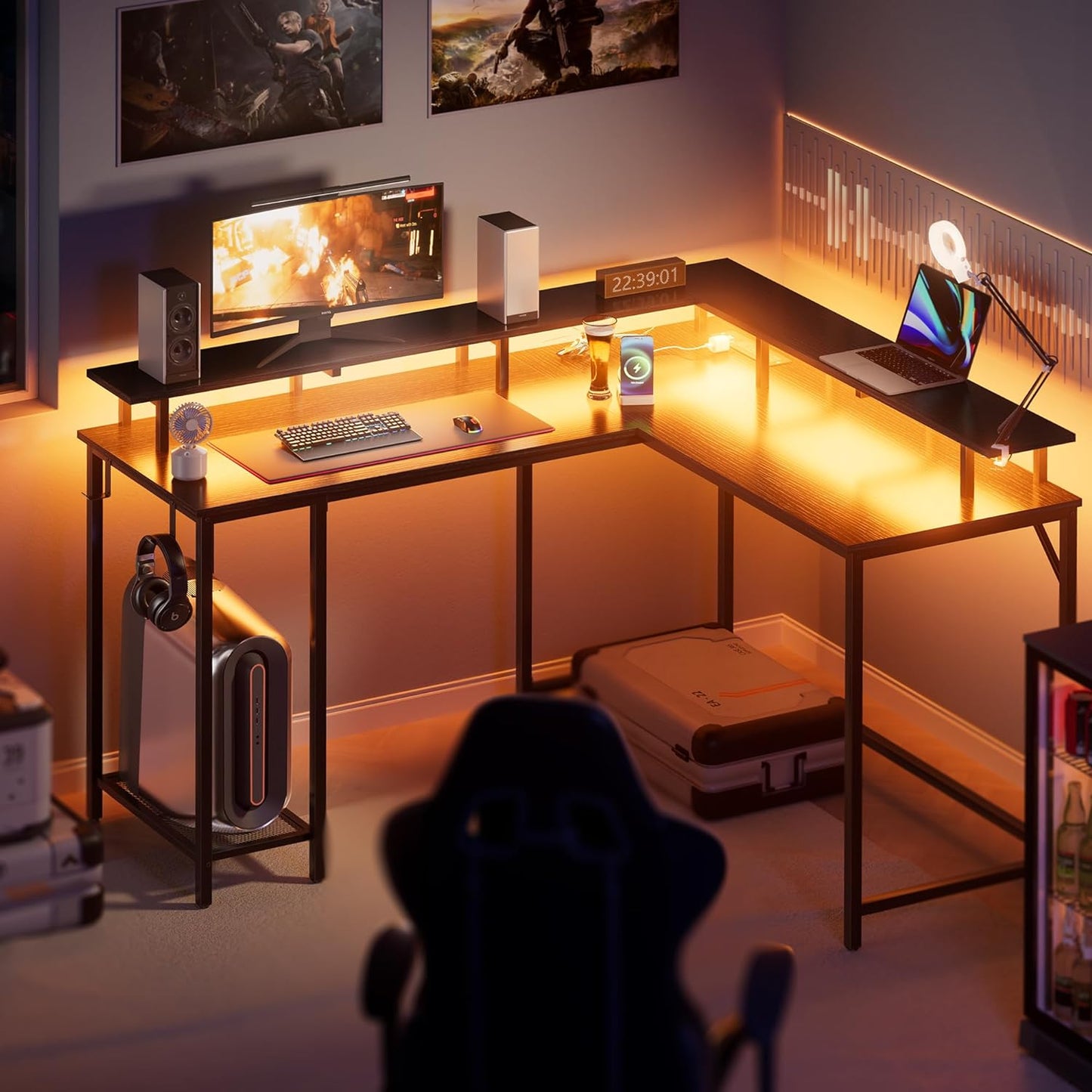 Desk L Shaped Gaming Desk with LED Lights & Power Outlets