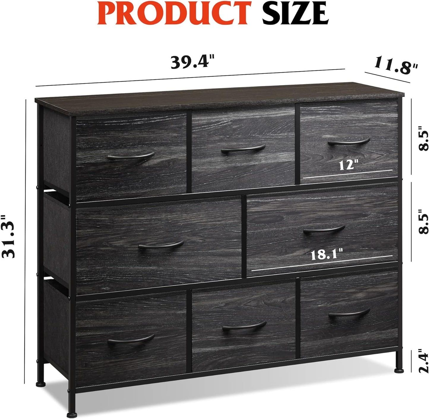 8-Drawer Dresser, Fabric Storage Tower, Black