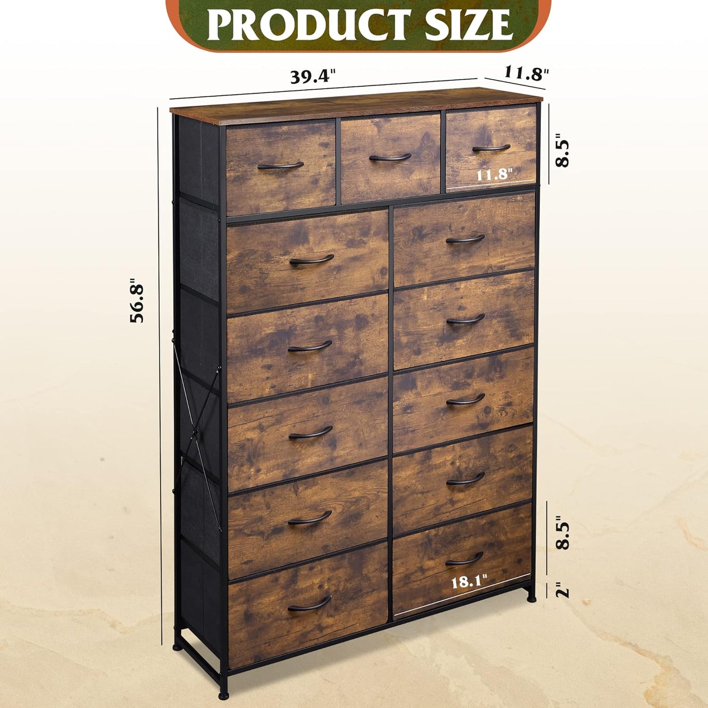 13-Drawer Dresser, Fabric Storage Tower, Brown