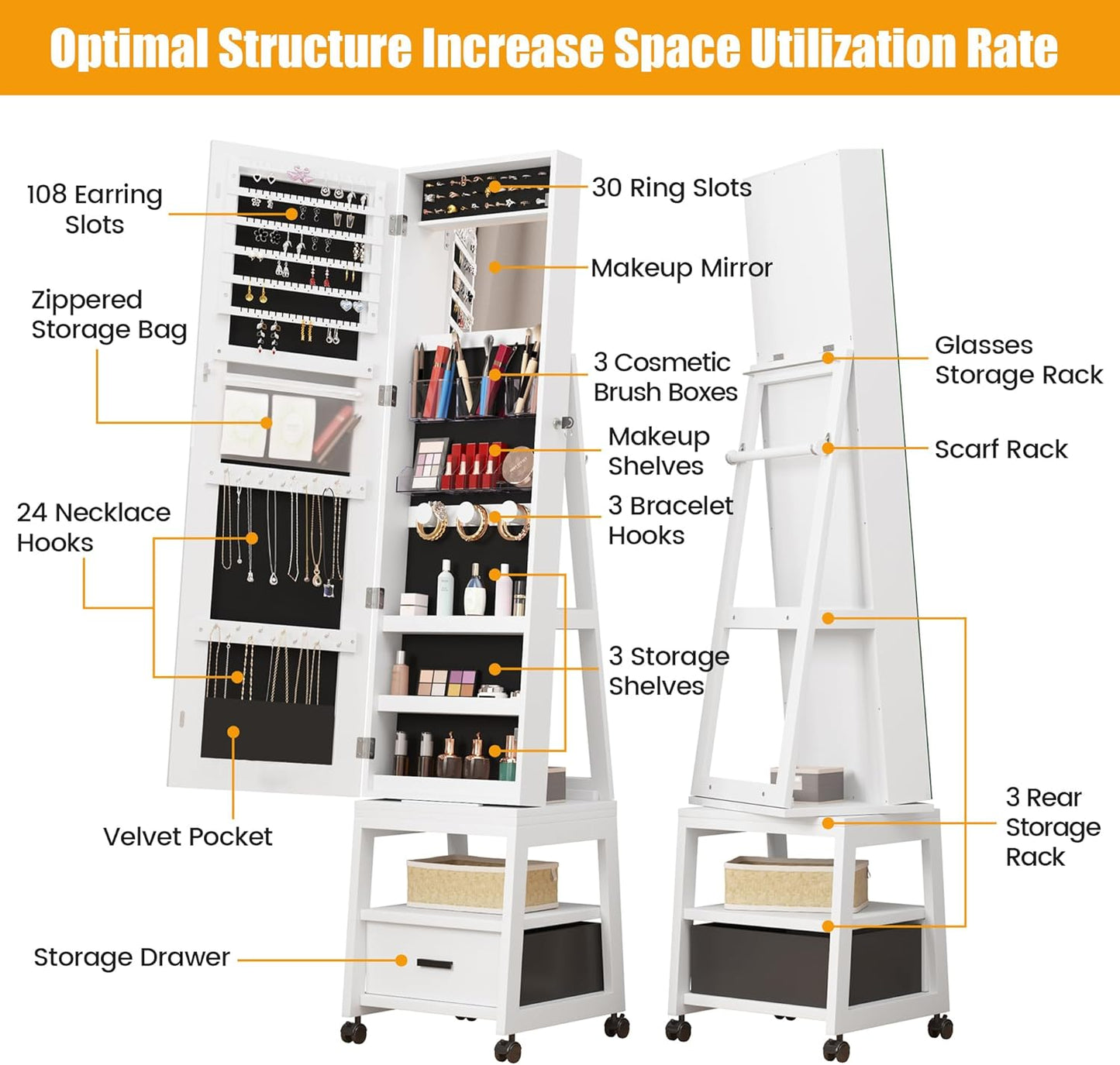 360° Swivel Jewelry Armoire with Full Length Mirror