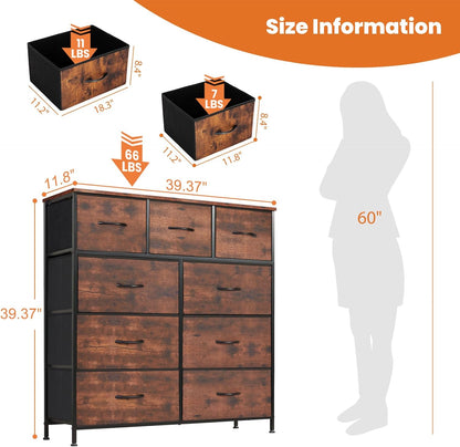 9-Drawer Dresser, Fabric Storage Tower, Brown