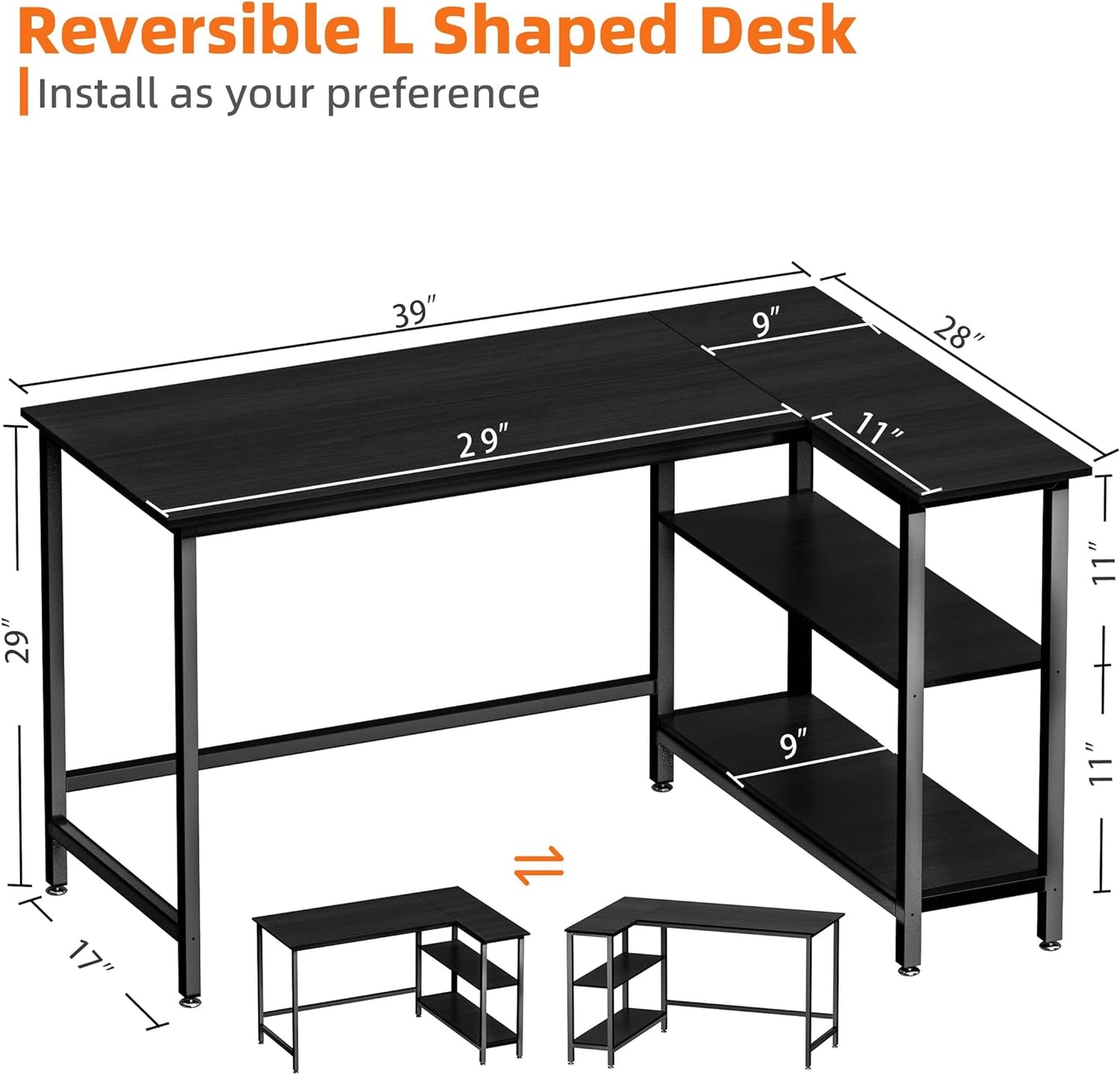 L Shaped Desk - 39" Computer Desk with Shelf, Black