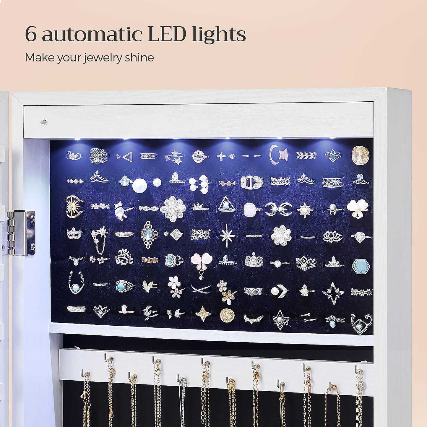 Wall-Mounted Hanging Jewelry Cabinet with LED Interior Lights