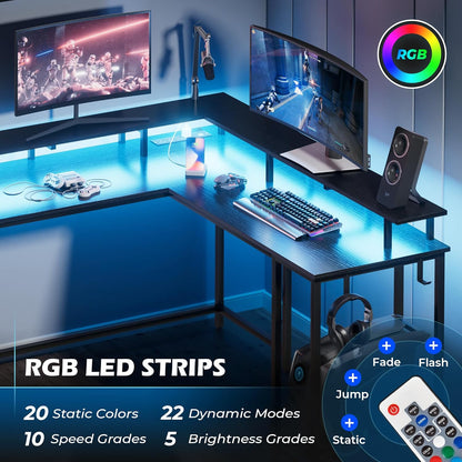 Desk L Shaped Gaming Desk with LED Lights & Power Outlets