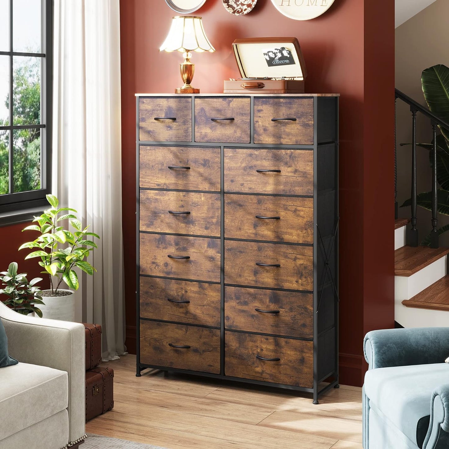 13-Drawer Dresser, Fabric Storage Tower, Brown