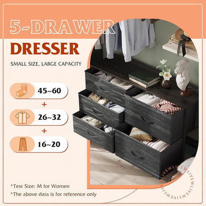 5-Drawer Dresser, Fabric Storage Tower, Black