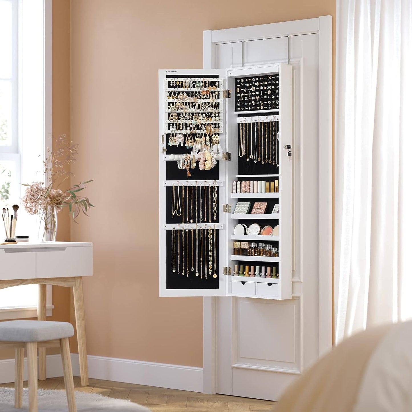 Wall-Mounted Hanging Jewelry Cabinet with LED Interior Lights